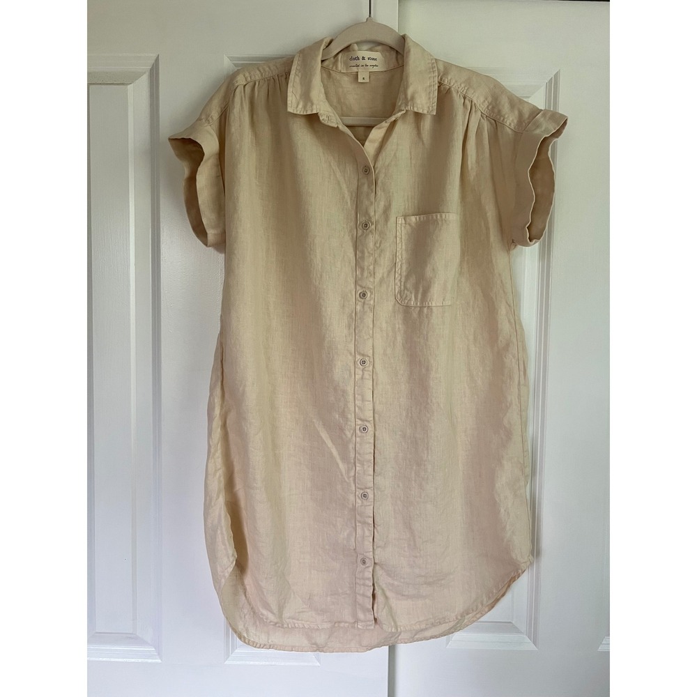 Cloth & Stone 100% Linen Oatmeal Beige Neutral Button Down Shirt Dress Size S